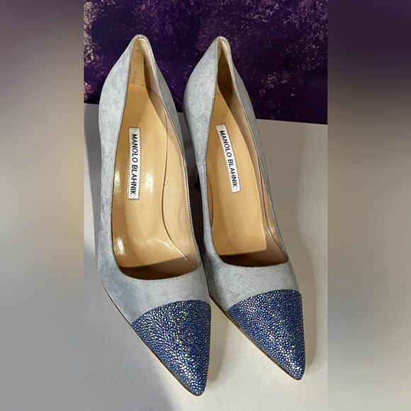 LK NEW MANOLO BLAHNIK Blue Suede Pointed Pumps Glitter Cap Toe 37.5 6.5 7 1300 - Picture 3 of 5